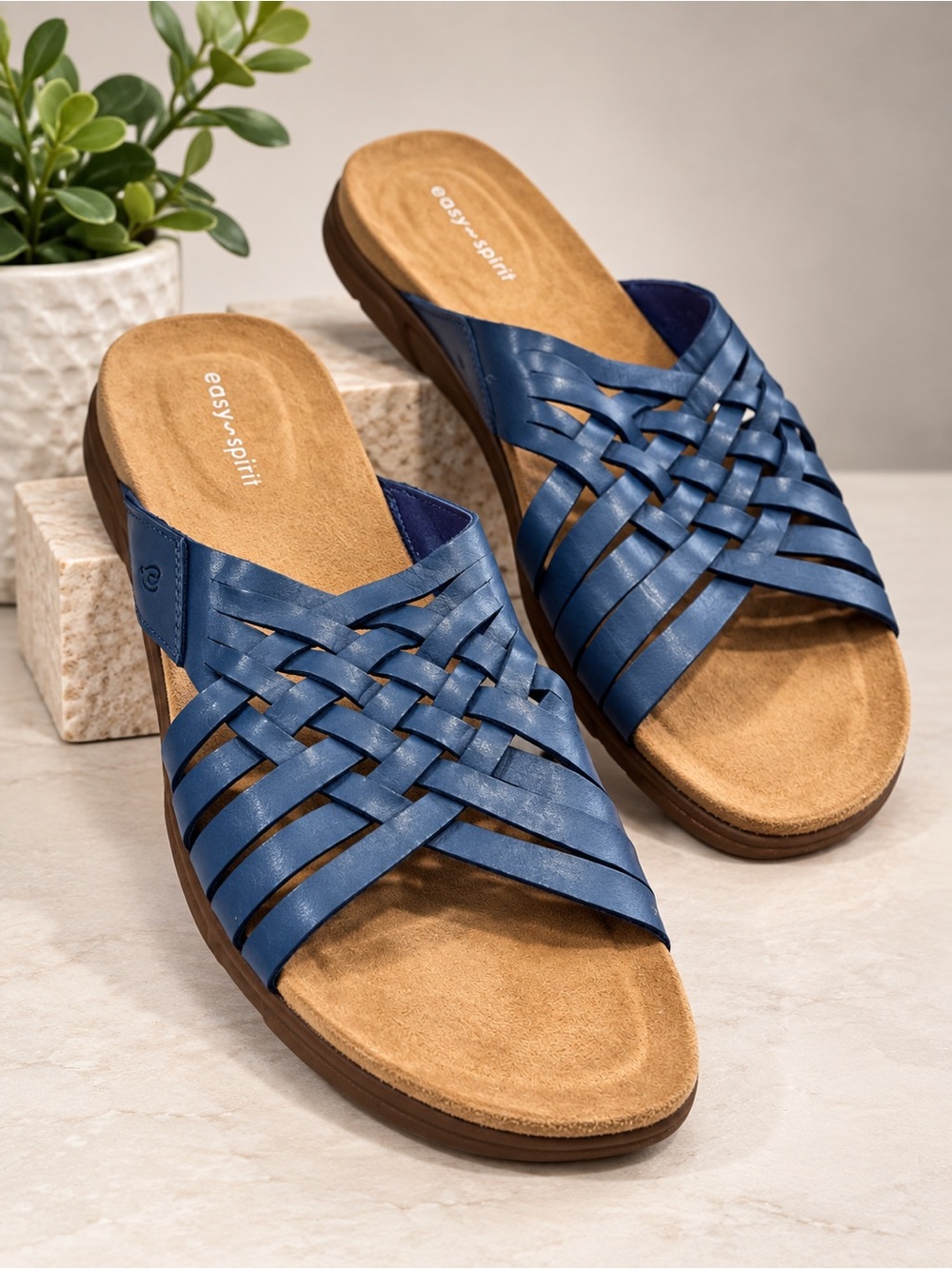 Easy Spirit Se Meadow Blue Leather Woven Strappy Slide Sandals 10M